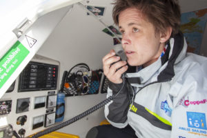 Sarah Outen using a VHF to communicate her location with passing boats in 2015.